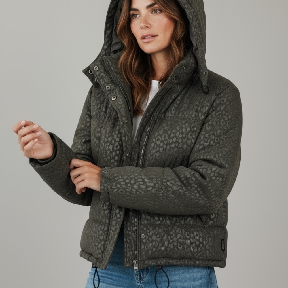 Krizia Dark Gray Animal Print Winter Puffer with Detachable Hood